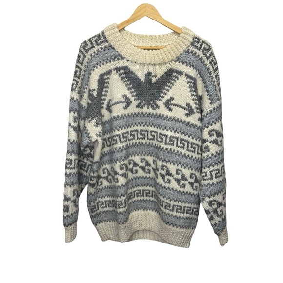 Vintage Sweaters - Vintage Handknit Cowichan Style Crewneck Sweater Size Medium